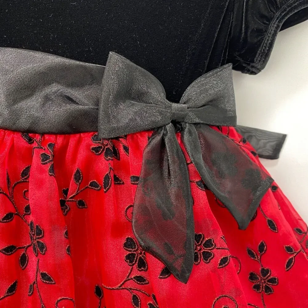 Rare Editions Girls Dress 3T Red Flocked Skirt Black Velvet Top Crinoline Bow